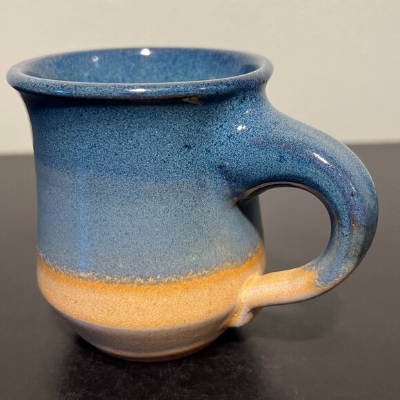 Handcrafted Pottery Mug Glazed in Hues of Blue and Golden Beige ~ Artist Signed - Picture 2 of 14